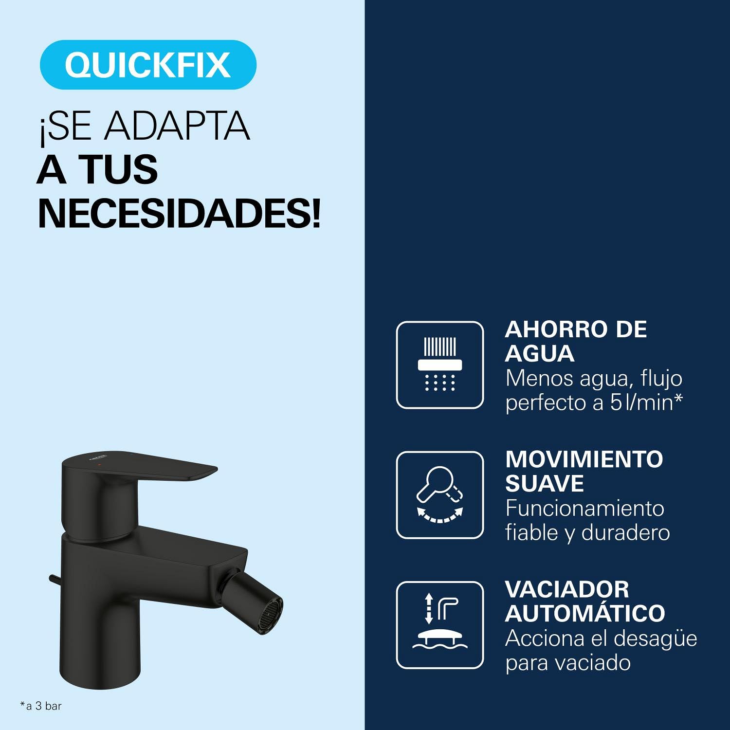 GROHE Start Edge QuickFix - Grifo de bidé con desagüe Pop-Up, cartucho cerámico 28mm, ahorro de agua, latiguillos 3/8", QuickTool incluido, Negro Mate, 233452431
