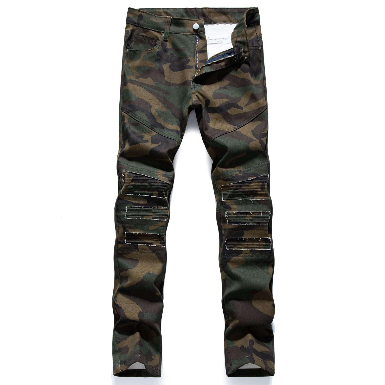 Men's Casual Military Cargo Pants Jeans Camo Trousers Ripped Holes Denim Biker (US, Waist Inseam, 32, 32, Camouflage)