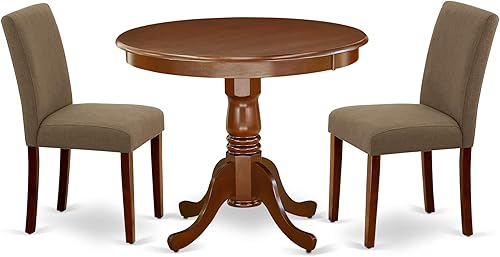 East West Furniture ANAB3-MAH-18 - Juego moderno de 3 piezas que contiene una mesa de cocina redonda con pedestal y 2 sillas de comedor Parson de