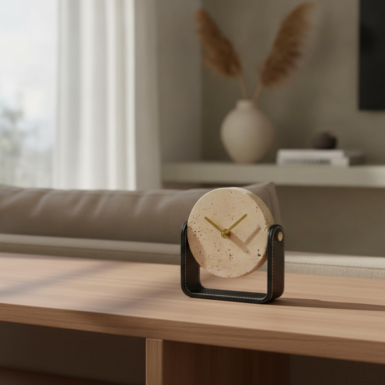 Tischuhr mit Metallständer Modern Dekouhr mit Steineffekt Minimalistisch Standuhr für Wohnzimmer, Büro