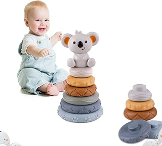 HUADADA Stacking & Nesting Baby Toys Squeeze Teething Toy for 6 12 18 Months Soft 7 Pcs Building Rings Koala Stacker Early Educational Toy Gifts for Baby Toddler Boys Girls (Circle)