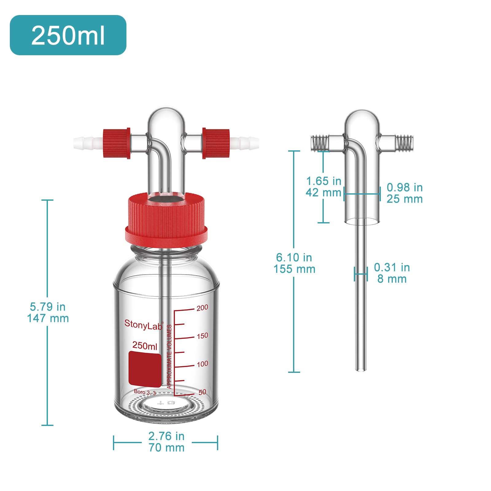 stonylab Gaswaschflasche aus Borosilikatglas mit GL45 Schraubverschluss, PP-Kappe und PTFE-Hülse, 8 mm Schlauchanschluss für Laborlagerung und Dosierung, 250 ml