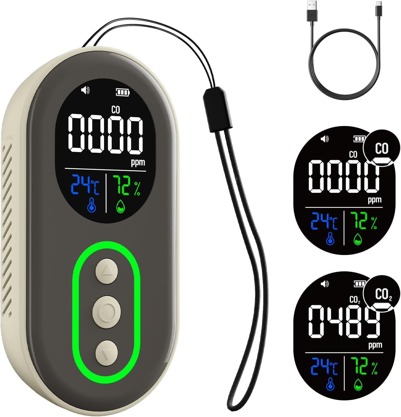 DS-399 Portable Carbon Monoxide Detector, 168H Standby, Rechargeable 3-in-1 CO Detector with Audible & Visual Alerts for Travel & Camping, CO Meter for Home, Car & Tent