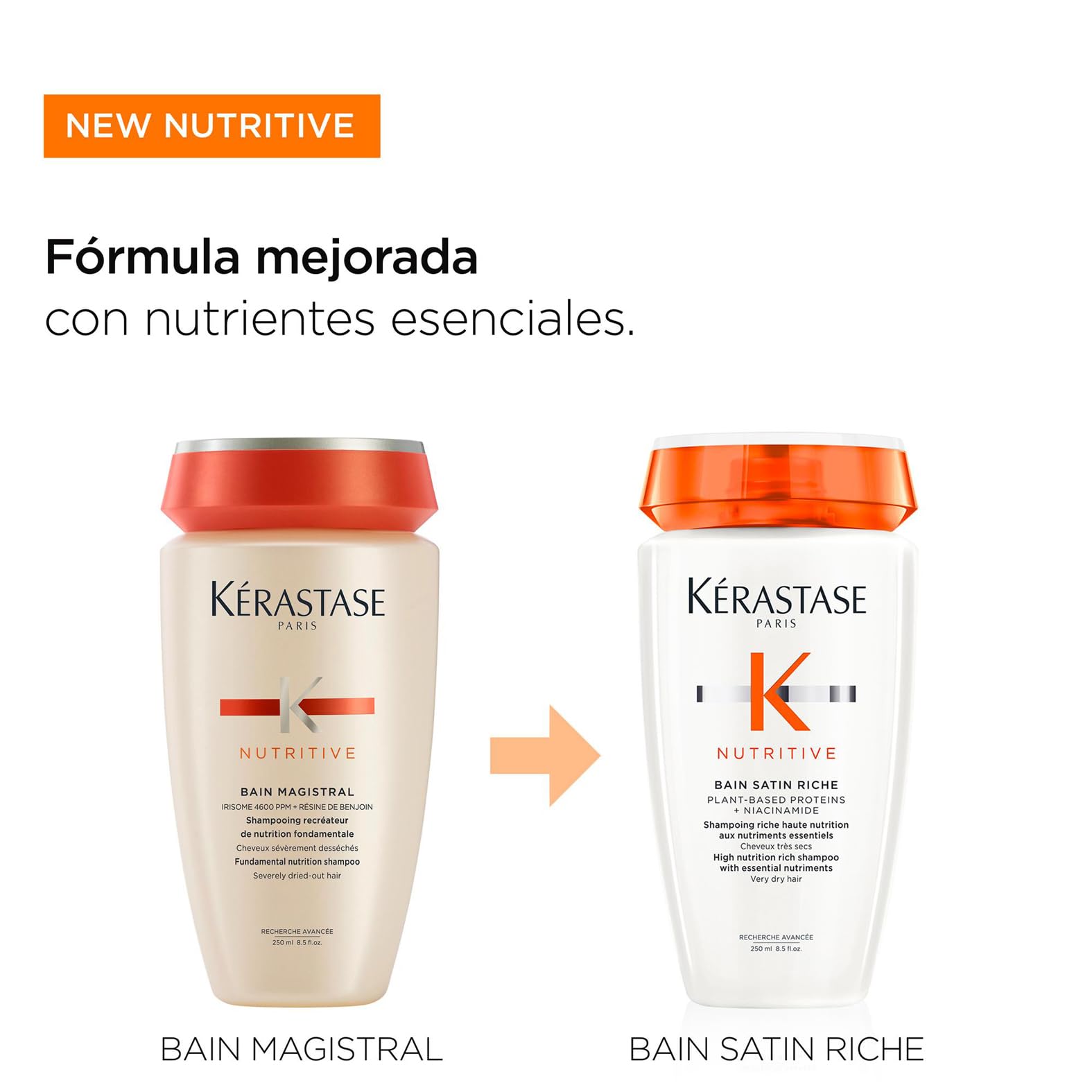 Kérastase Nutritive, Champú Hidratante, Fortalece y Repara la Fibra Capilar, Con Proteínas Vegetales, Fórmula con Polímeros Antisequedad, Para Cabello muy Seco, Bain Satin Riche, 250 ml