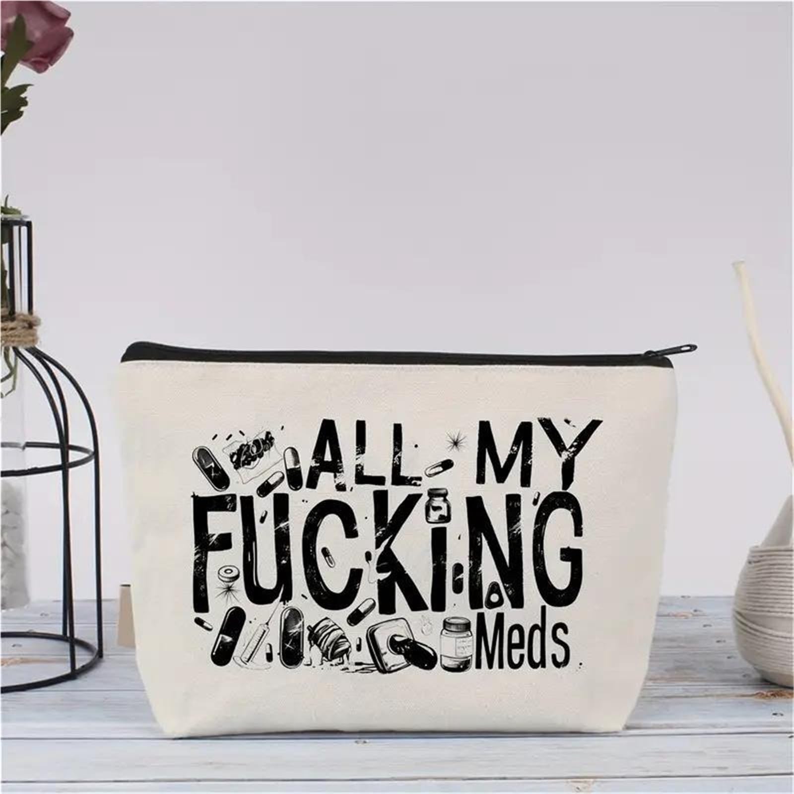 Neceser Maquillaje Bolsa de Maquillaje Reutilizable de Lona con Estampado de Letras, Organizador de Maquillaje con Cremallera, Bolsa de Viaje for Guardar Pastillas, Regalo for Mujeres Viaje