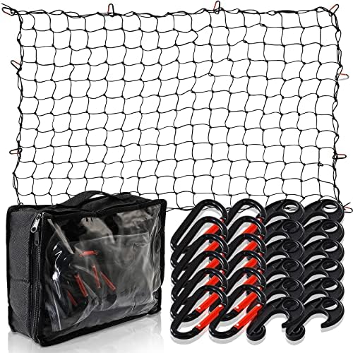TKKEUEP 4' x 6' Cargo Net for Pickup Truck Bed,Trailer,Boat,Car,SUV Stretches to 8' x 12',Roof Rack Cargo Net,Truck Cargo Net Latex Bungee Nets with 24 Universal Hooks, Car Organizer Net for Cargo