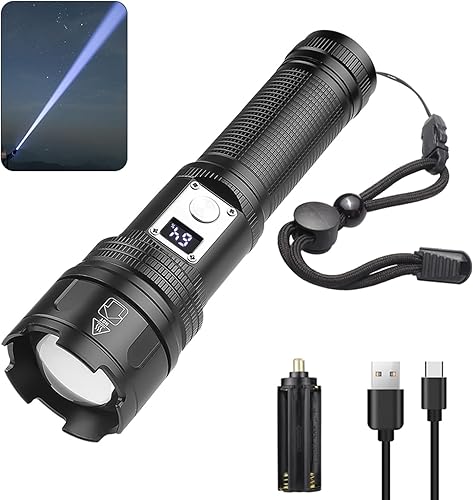 RFFTQQ Linternas USB C recargables de 1500 lúmenes altos, luz de flash más brillante, potente linterna con zoom con pantalla de alimentación