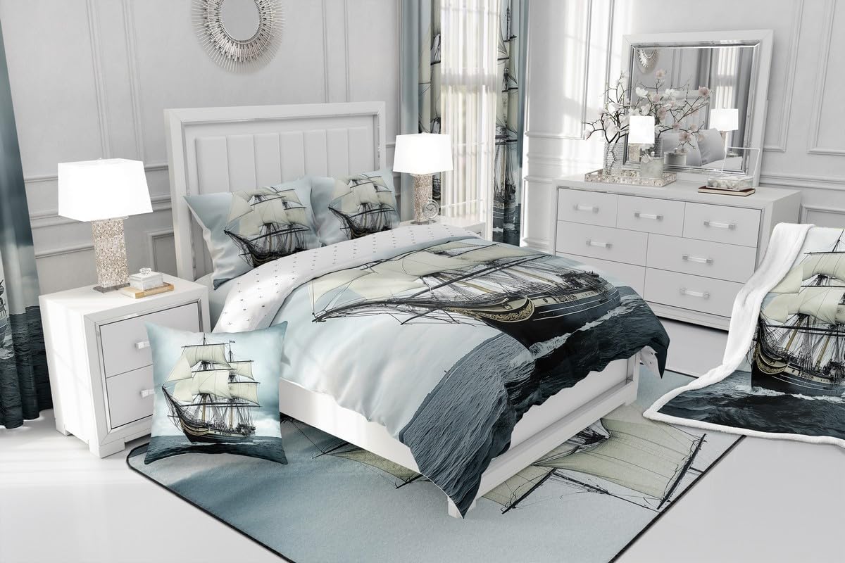 Nautical Duvet Cover Queen Size Retro Sailboat Bedding Set for Boys Teens Kids Child,Ocean Theme Comforter Cover Ocean Boat Bedclothes,Pirate Ship Bedroom Decor Vintage Style