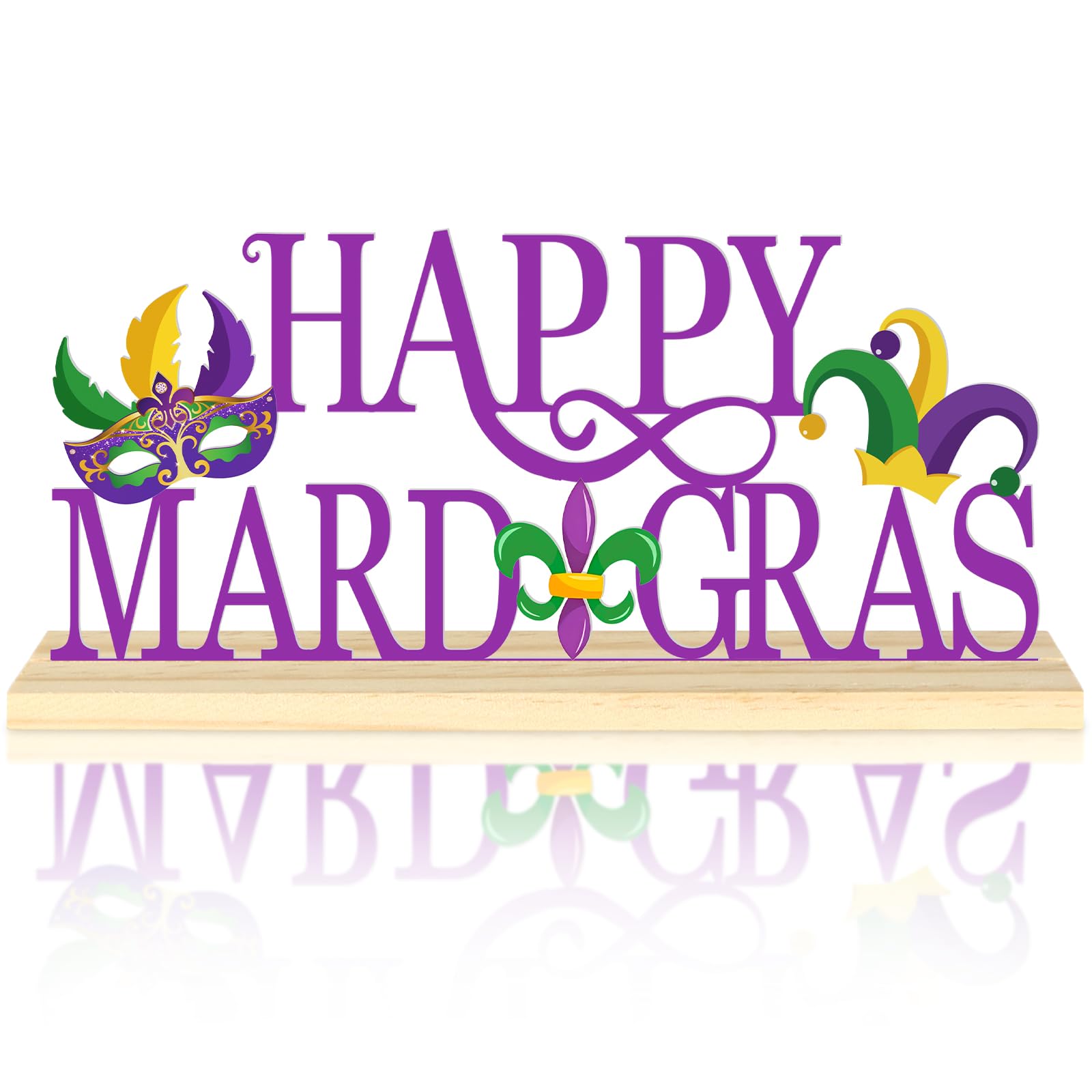 Panneau de table en métal Happy Mardi Gras avec base en bois décoration de fête