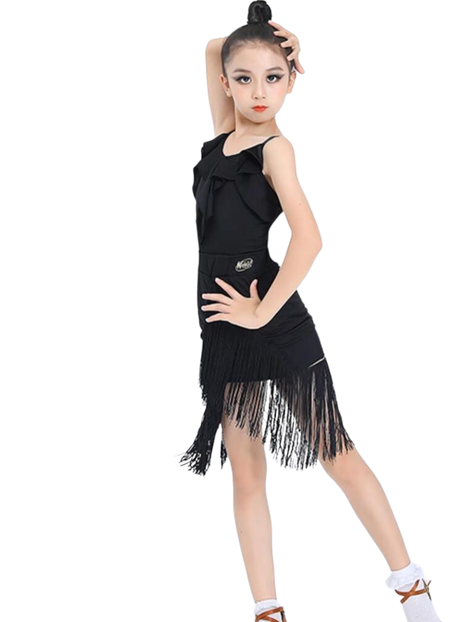 Robe danse latine à franges en soie de lait pour entraînements de salsa et cha-cha