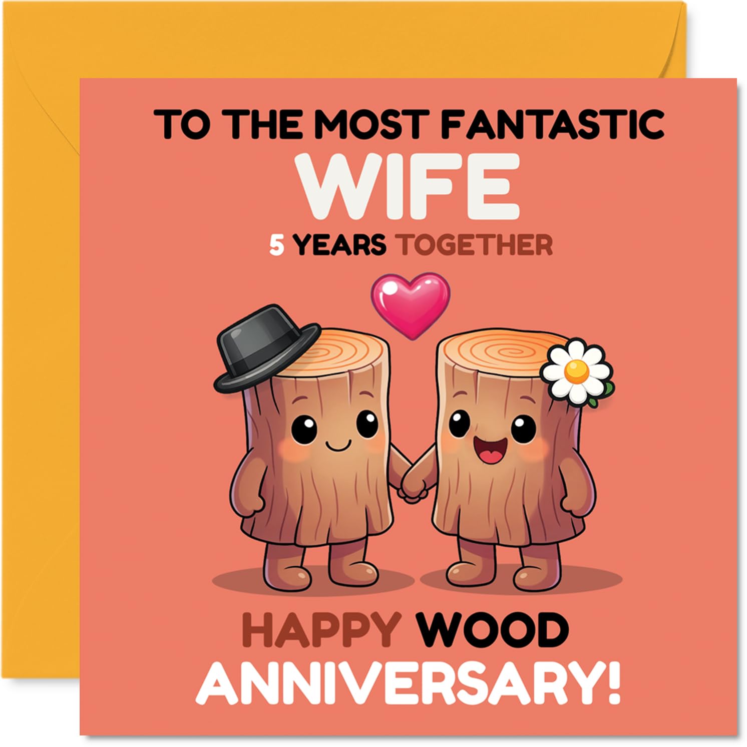 Playful 5th Anniversary Card for Wife, Celebrating Five Wood-erful Years