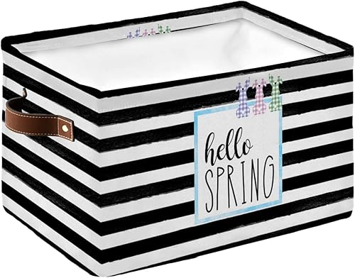 Hello Spring - Cesta de almacenamiento de tela con diseño de conejito para estantes, cubos de almacenamiento de tela a rayas blancas y negras,
