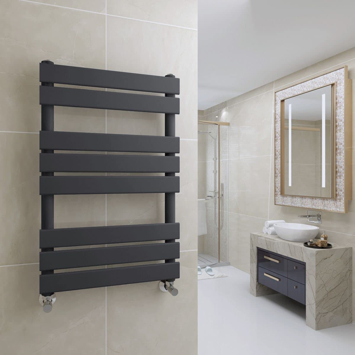 Warmehaus Flat Panel Heated Towel Rail Radiator Ladder Rad Anthracite 800 x 500mm Grey Central Heating Towel Warmer for Bathroom Kitchen