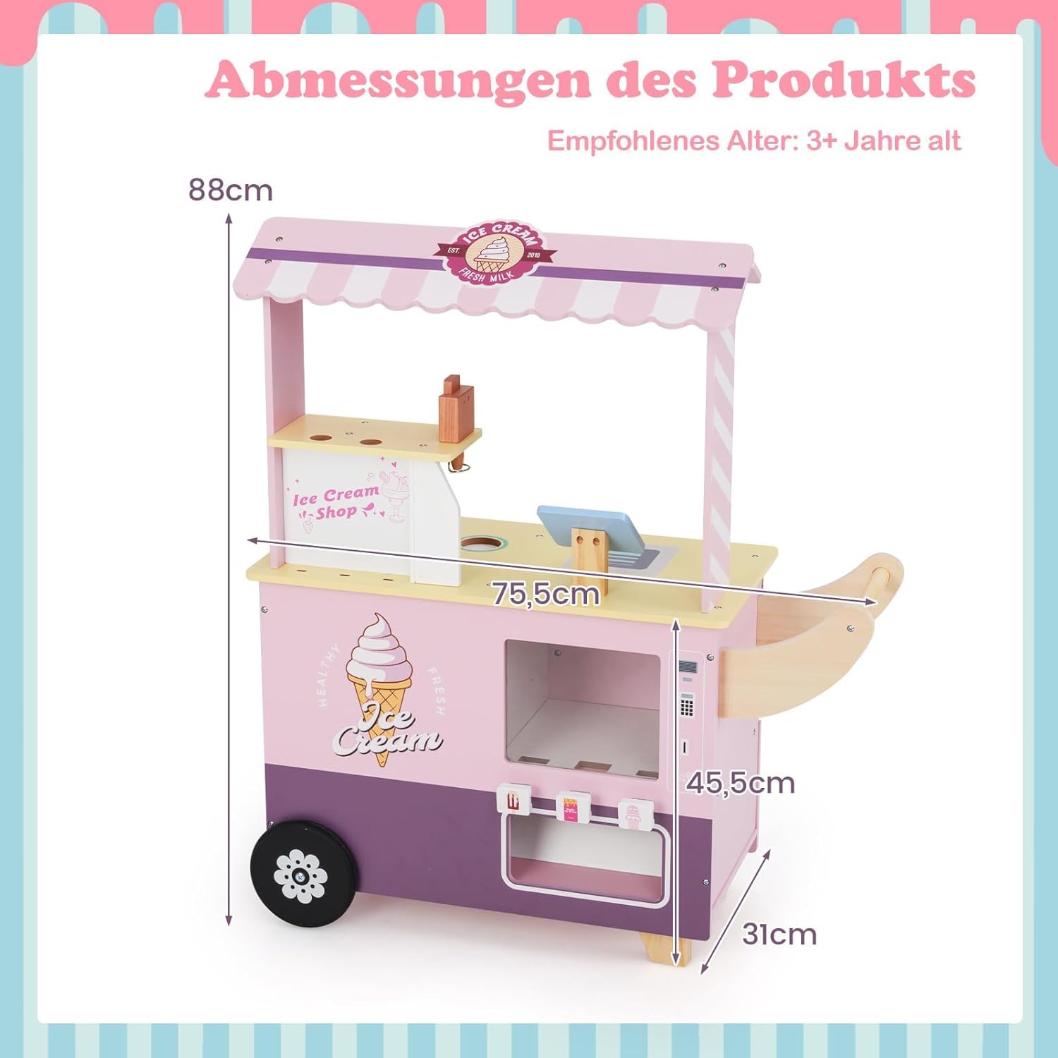 FANTASK Eiswagen Kinder Rosa mit 15 Zubehör, Kaufladen Holz mit Eismaschine & Kasse & Scanner & Verkaufsautomat, Kaufmannsladen & Eiscreme Spielzeug für Kinder ab 3 Jahren