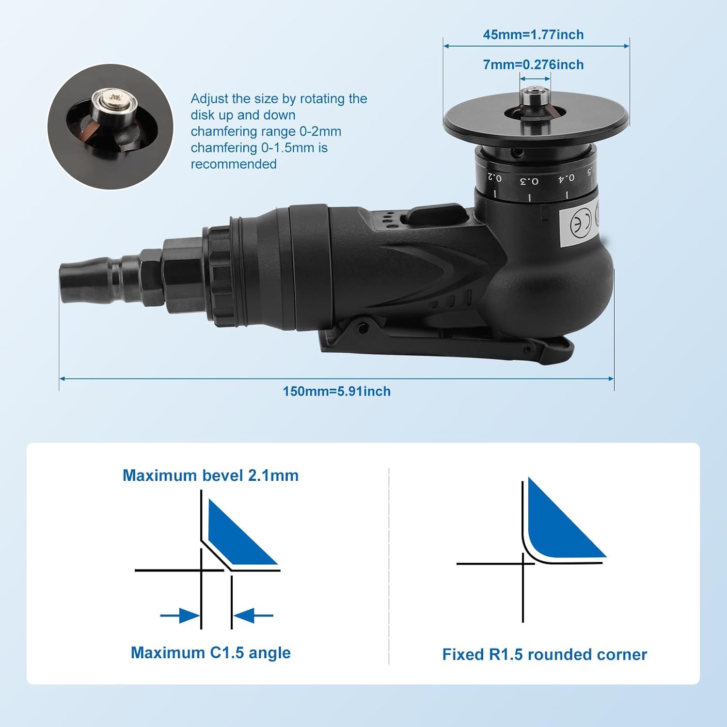 Mini Pneumatische Anfasmaschine 45° Pneumatisches Anfaswerkzeug Handheld Mini Pneumatische Fasenmaschine Luft-Anfaswerkzeug für Metall Holz Abschrägen Entgraten Trimmen (C&R Winkelklingen)