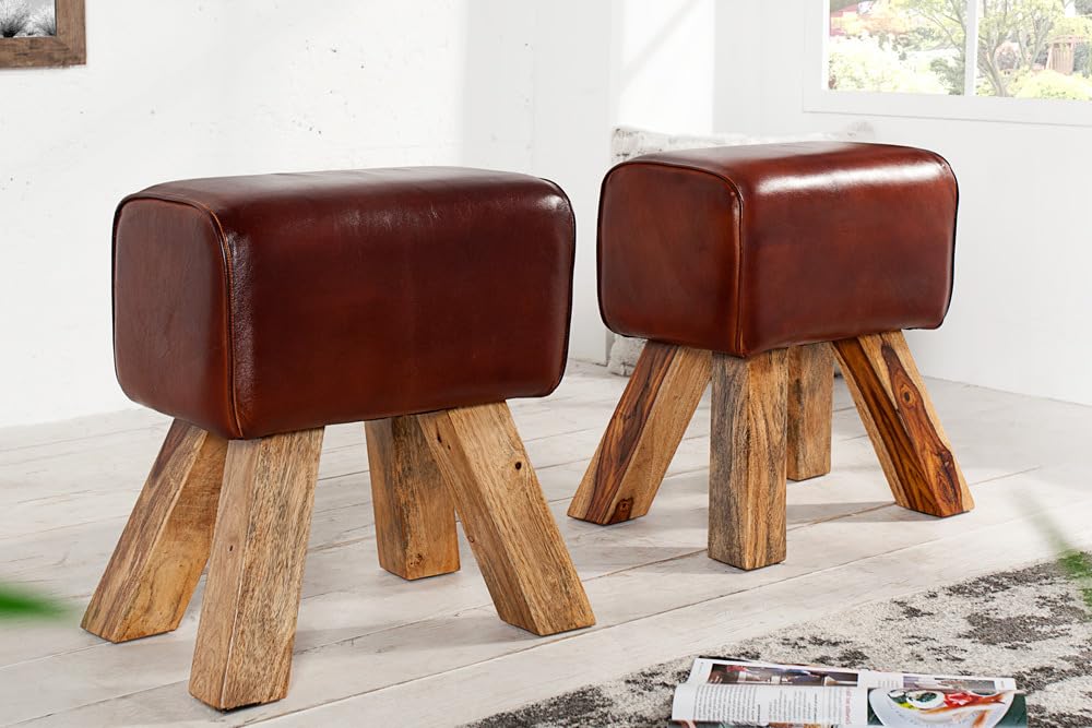 invicta INTERIOR Kult Sitzhocker TURNBOCK mit Echtleder Bezug Mangoholz Schulsport Hocker Natur 40cm Fußhocker aus Holz mit Lederbezug