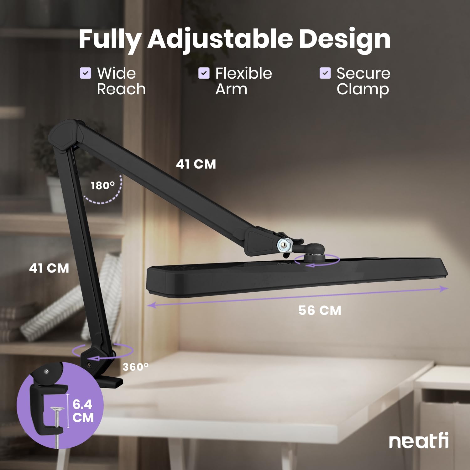 Neatfi XL 2.500 Lumen 30W LED-Arbeitslampe – 56 cm breiter Lampenkopf | 324 SMD-LEDs | 5 Lichtmodi | 3000K–6000K | Dimmbar | Schreibtischlampe für Zuhause & Büro (Schwarz, CCT mit Klemme)