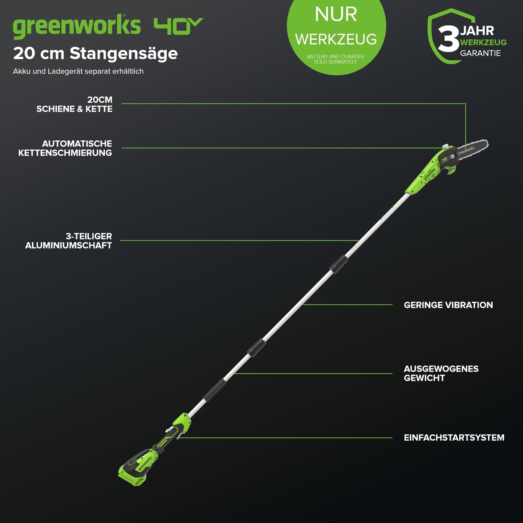 Greenworks G40PSF Akku Hochentaster, 20 cm Blattlänge, 8 m/s Kettengeschwindigkeit, 3,64 kg, automatisches Öl-System, 80 ml Öltank, 2.58m Stangenreichweite OHNE 40V Akku & Ladegerät, 3 Jahre Garantie