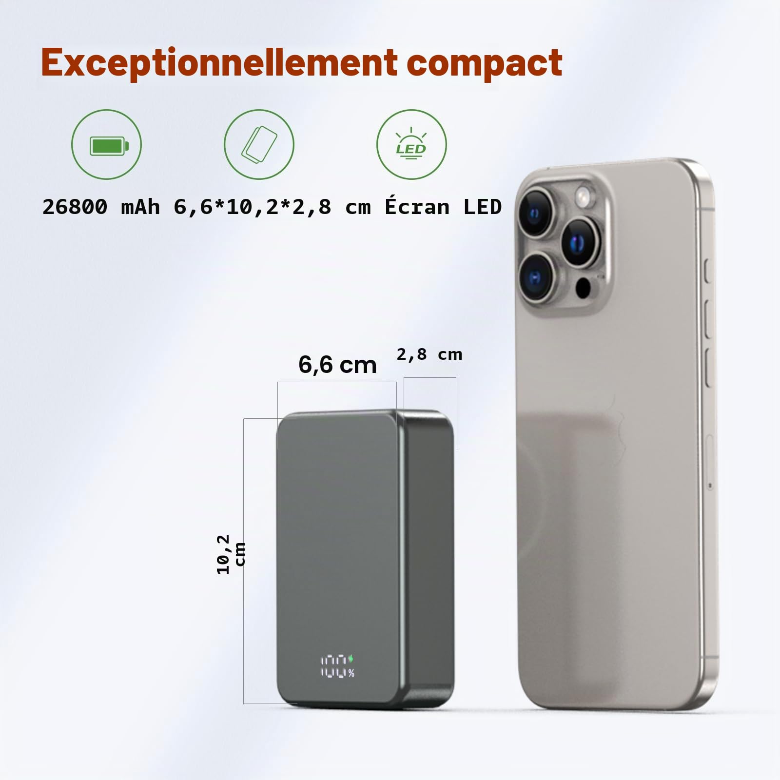 Batterie externe magnétique sans fil, chargeur portable 26800 mAh, entrée et sortie USB C pour iPhone séries 17/16/15/4/13/12 et autres téléphones Android (gris)