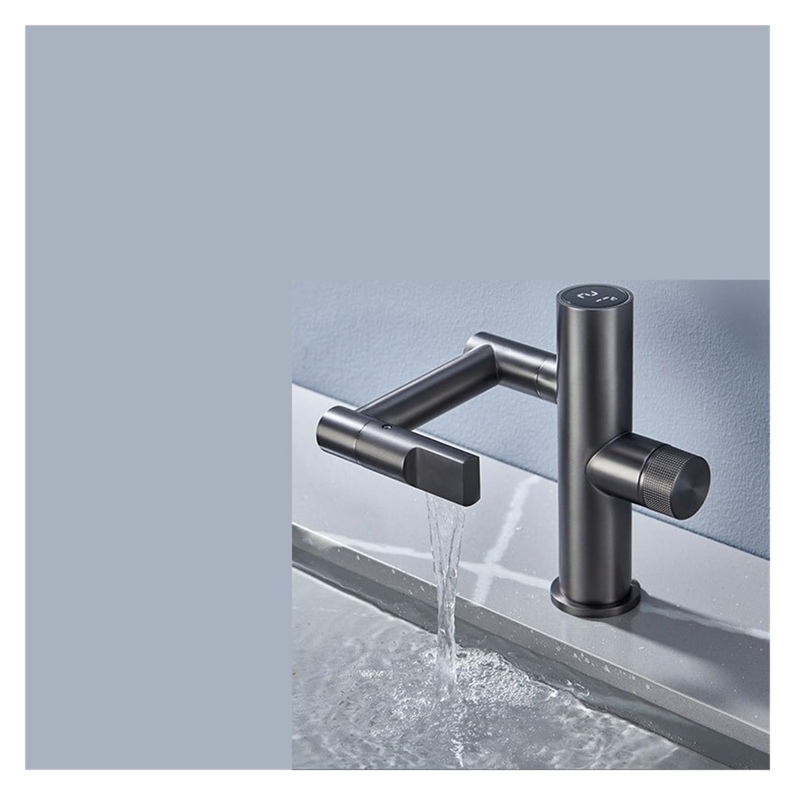 Robinet affichage numérique en cuivre gris à jet rotatif pour lavabo