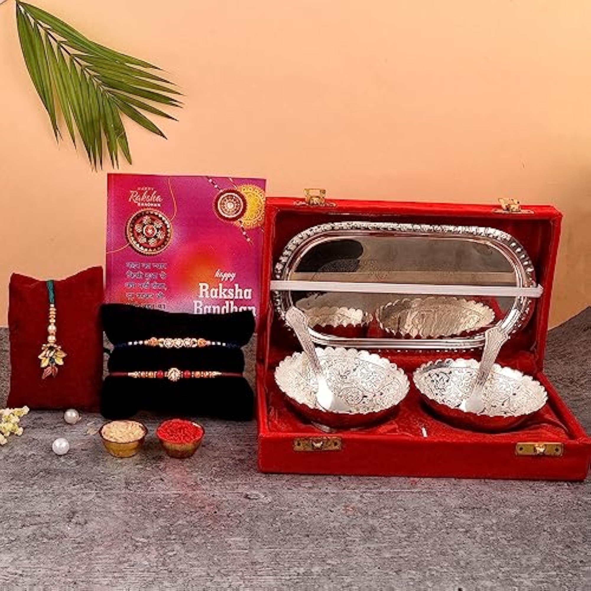 Gift Combo Set: Rakhi with German Silver Bowl Set & Velvet Box