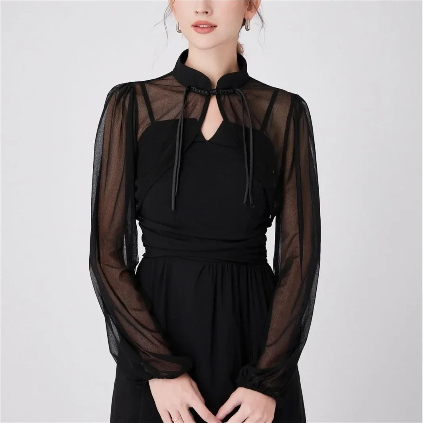 1 Pz Donna Manica Lunga Collare Finto Femminile Risvolto Bottone Imbottiture Mezza Top Camicetta Camicia Colletto Staccabile Autunno Maglione Falso per Maglioni