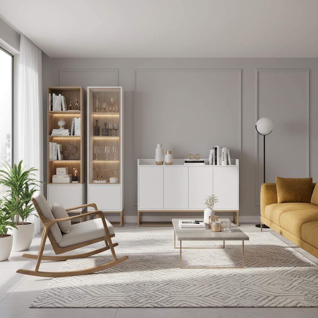 Aufbewahrungsschrank mit Tür, Schrank mit Regal, Buffet, Esszimmer, Wohnzimmer, mit 4 Türen und höhenverstellbarem Regal, für Wohnzimmer, Schlafzimmer, Flur (weiß)