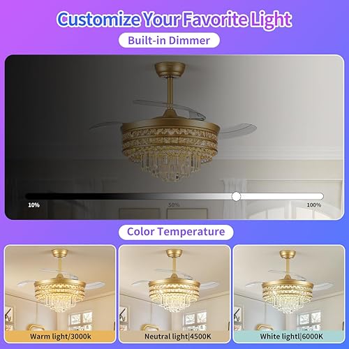 Miniatura 4 de Ventiladores de techo retráctiles con luz y control remotoaplicación, ventilador de araña RGB de cristal de 42 pulgadas, iluminación sin aspas y