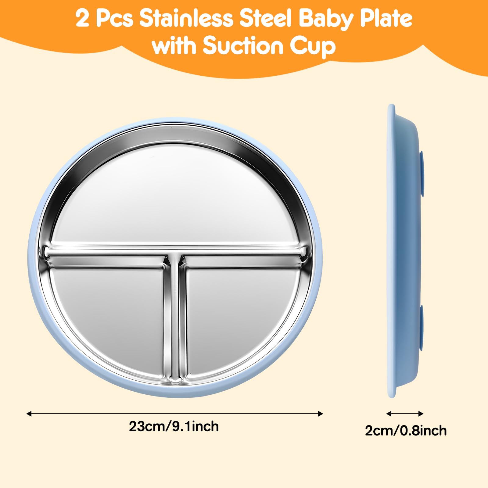 2 Assiettes En Acier Inoxydable Avec Ventouse Pour Bébé Et Set De 2 Cuillères Et Fourchettes, Ustensiles Pour Bébé, Assiettes Divisées Pour L'Alimentation Autonome