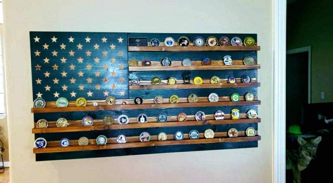Subdued American Flag Challenge Coin Holder Display, Wooden Shelves hold 90-100 Coins, for Military, Police, Law Enforcement, First Responders, Custom Handmade Quality, Made in Texas
