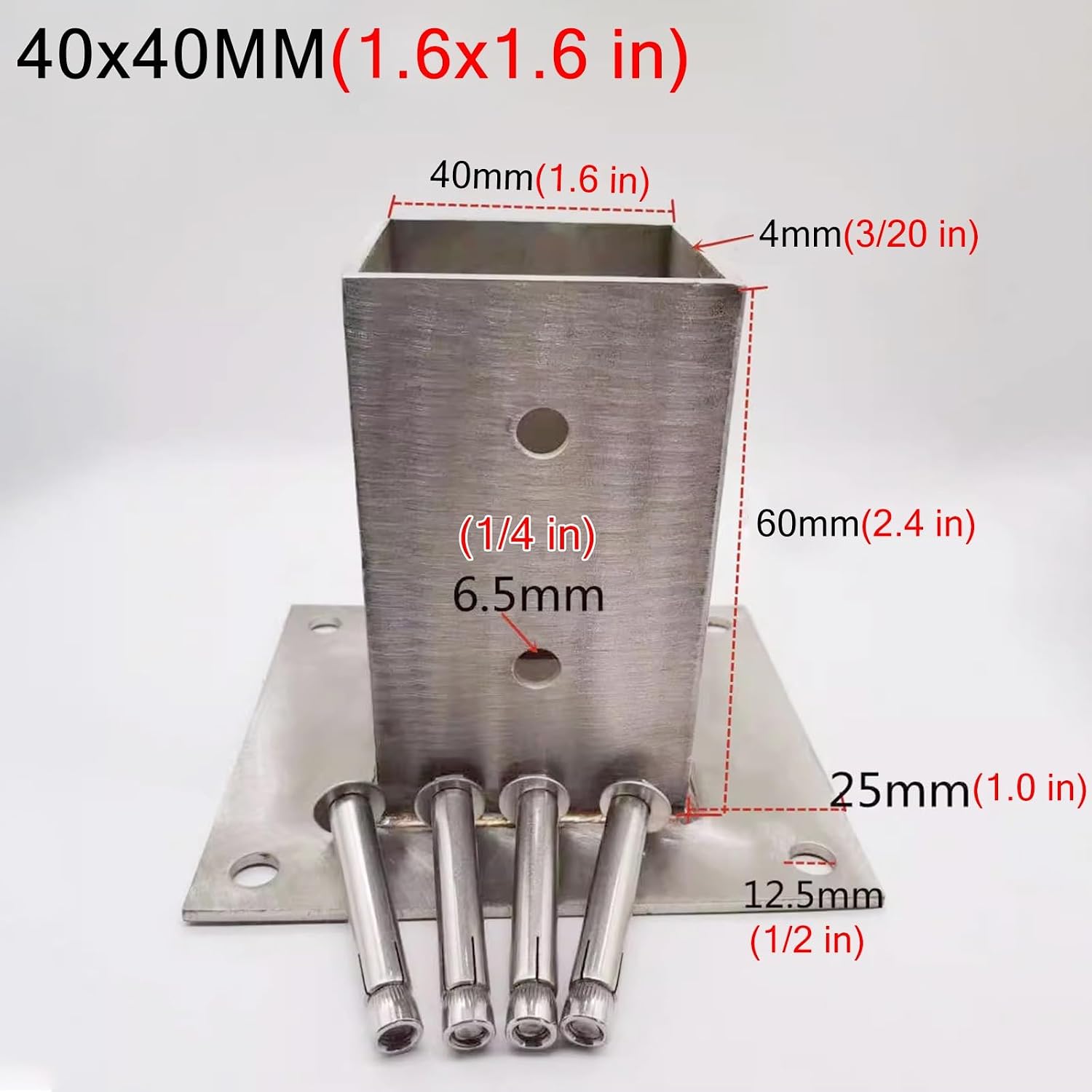 Square Post Base with Fittings Post Shoe for Railing, for Mailbox, Pergola and Deck, Stainless Steel Post Anchors for Concrete(1.6x1.6 in/40x40 mm)