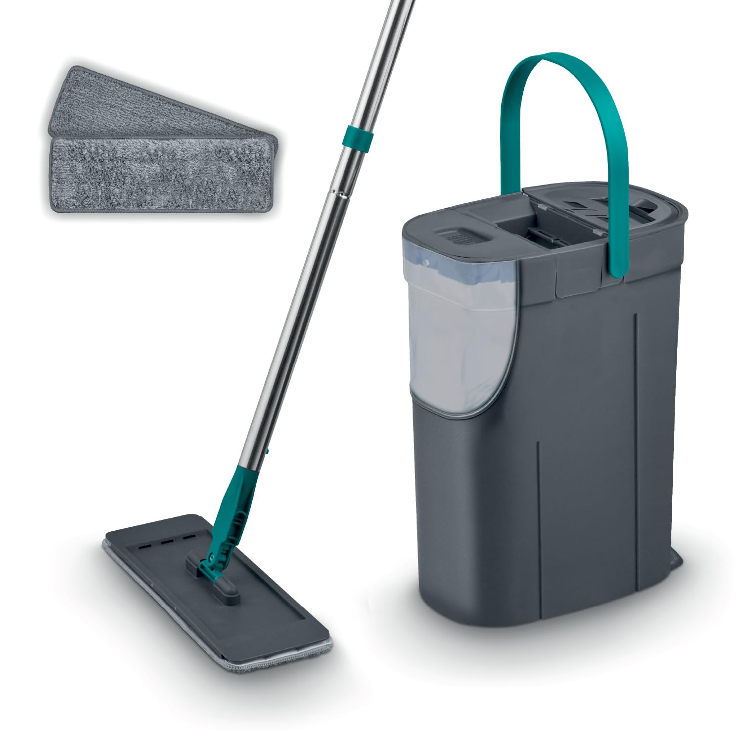 Tower Flat Mop and Bucket Set with 2 Washable Microfibre Mop Heads, Dual-Chambers, Clean & Dirty Water Separation, Removable Water Tank, 3 Part Handle, Anthracite & Teal, T769015TL