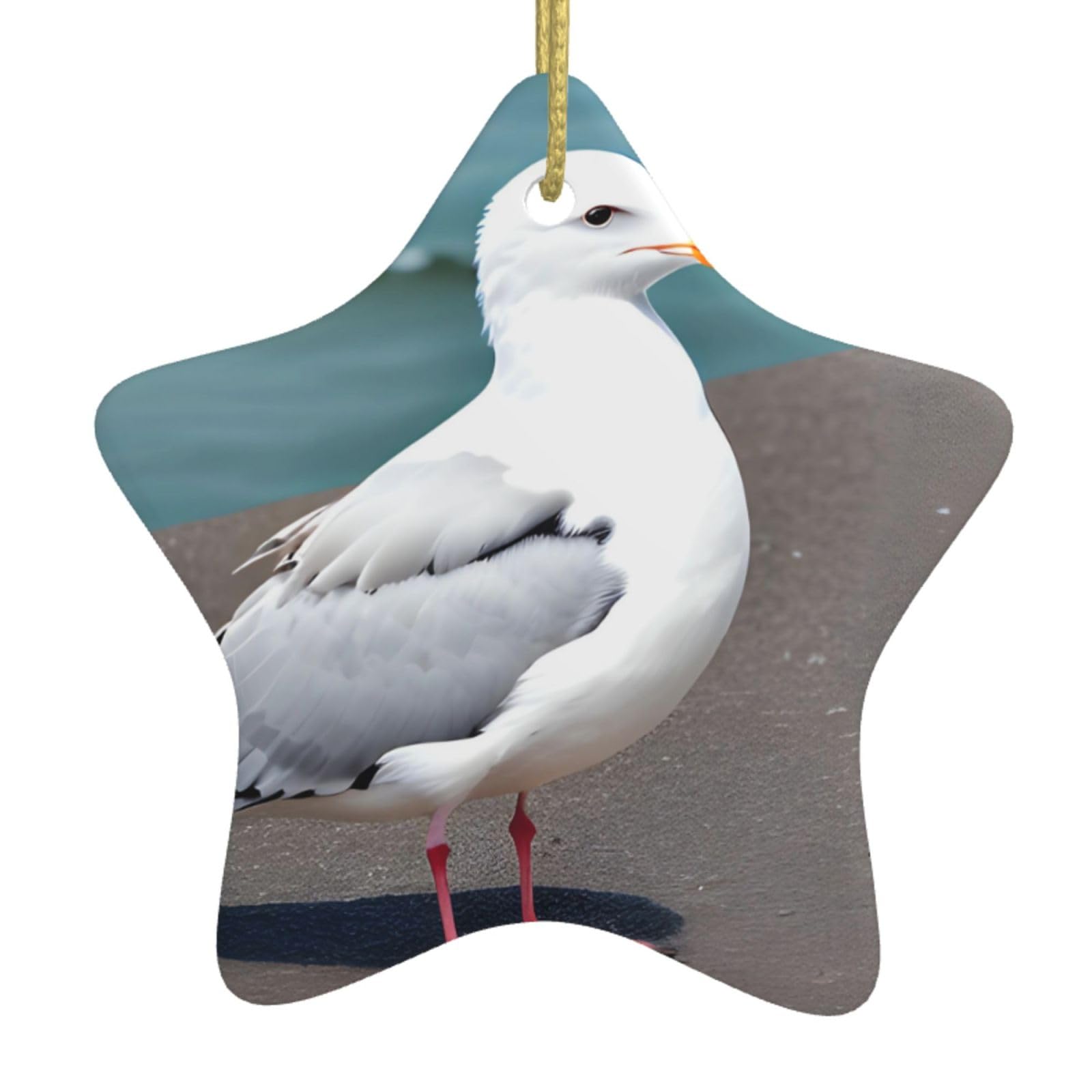 Cute Seagull Christmas Ceramic Star Pendant with Punched Holes and Gold Wire Rope, Christmas Tree Home Decoration