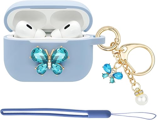 Wonhibo Linda funda de mariposa Airpods Pro 2 para mujer, funda de silicona azul para Apple Airpod Pro de 2 generación 2022 con llavero Wonhibo Linda funda de mariposa Airpods Pro 2 para mujer, funda de silicona azul para Apple Airpod Pro de 2 generación 2022 con llavero
