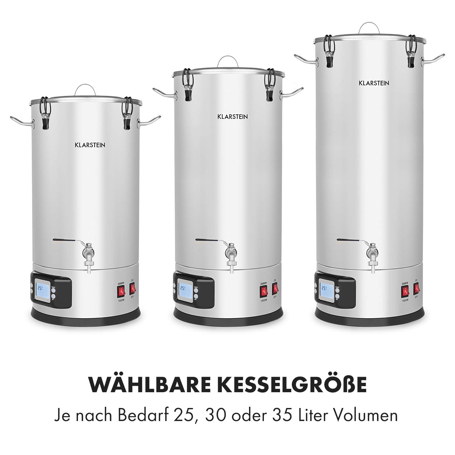 Klarstein Maischfest - Bierbrauset, Maischekessel, Bierbrauanlage mit 2 Stufen: 1500/3000 W, Bier Brauen 5-teiliges Set, Filtrier-Eimer, Kühlspirale, LCD-Display, Edelstahl, 30 Liter, Edelstahl