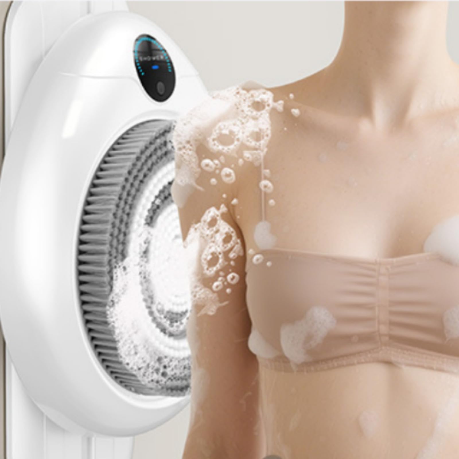 Electric Shower Scrubber Wandmontierte Duschbürste Rückenbürste Körperreiniger Massagesystem mit Anzeige Höhenverstellbar Kabellos Ladbar aus Nylon