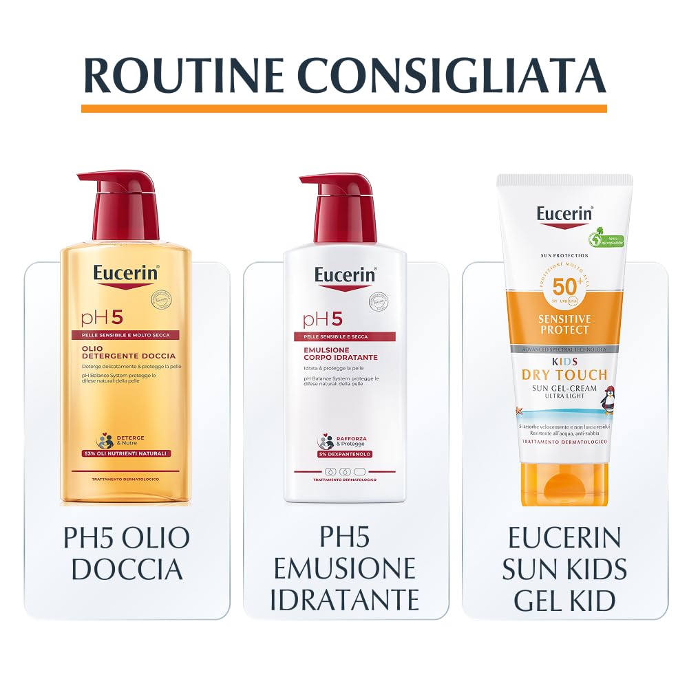 Eucerin Sensitive Protect Kids Dry Touch Sun Gel Cream SPF 50+ 200 ml, Crema solare 50+ bambini con filtri UVA/UVB, Protezione solare 50+ bambini resistente all'acqua, Pelle sensibile, Senza profumo