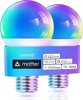 Linkind Matter WiFi Smart Light Bulbs Work with Apple Home/Siri/Google Home/Alexa/SmartThings, RGBTW LED Color Changing Light Music Sync, Smart Home Integration, 60W A19 E26 2.4Ghz WiFi Only 2 Pack