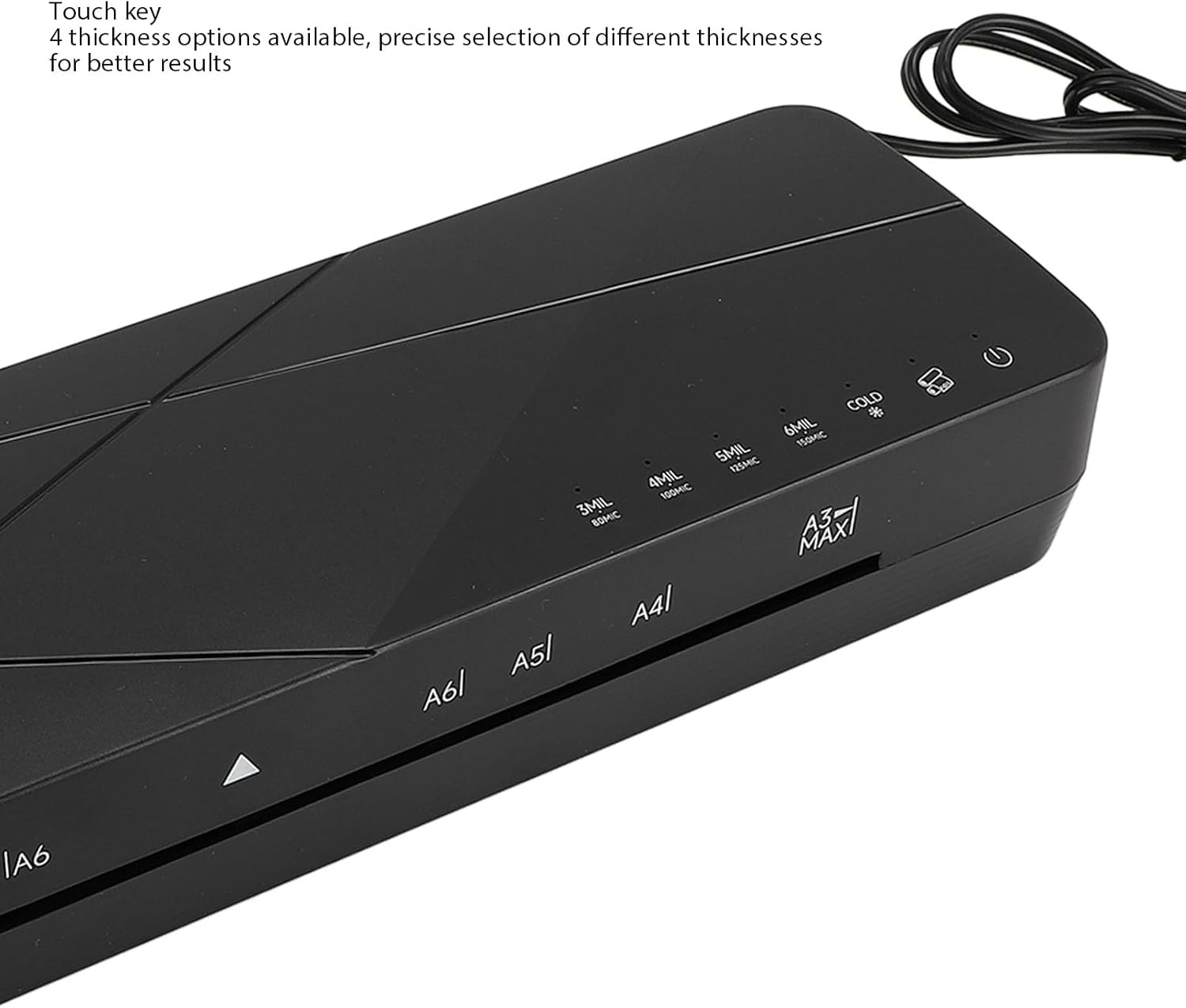 Close-up of the laminator's control panel showing thickness options