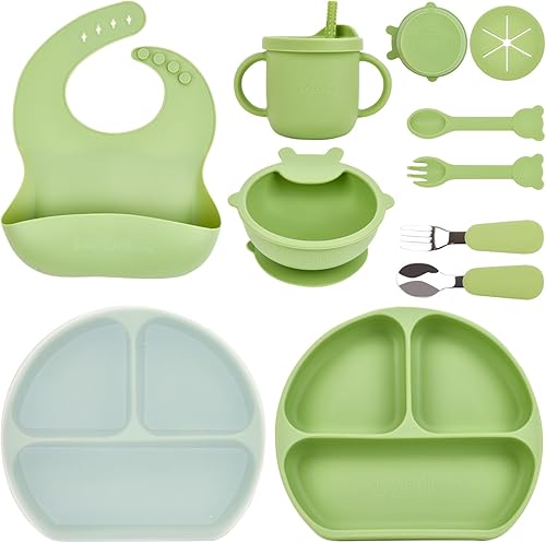 Baby Led Weaning Supplies  Juego de 10 piezas de silicona para bebés  Juego de suministros de autoalimentación con ventosa y plato, cuchara,