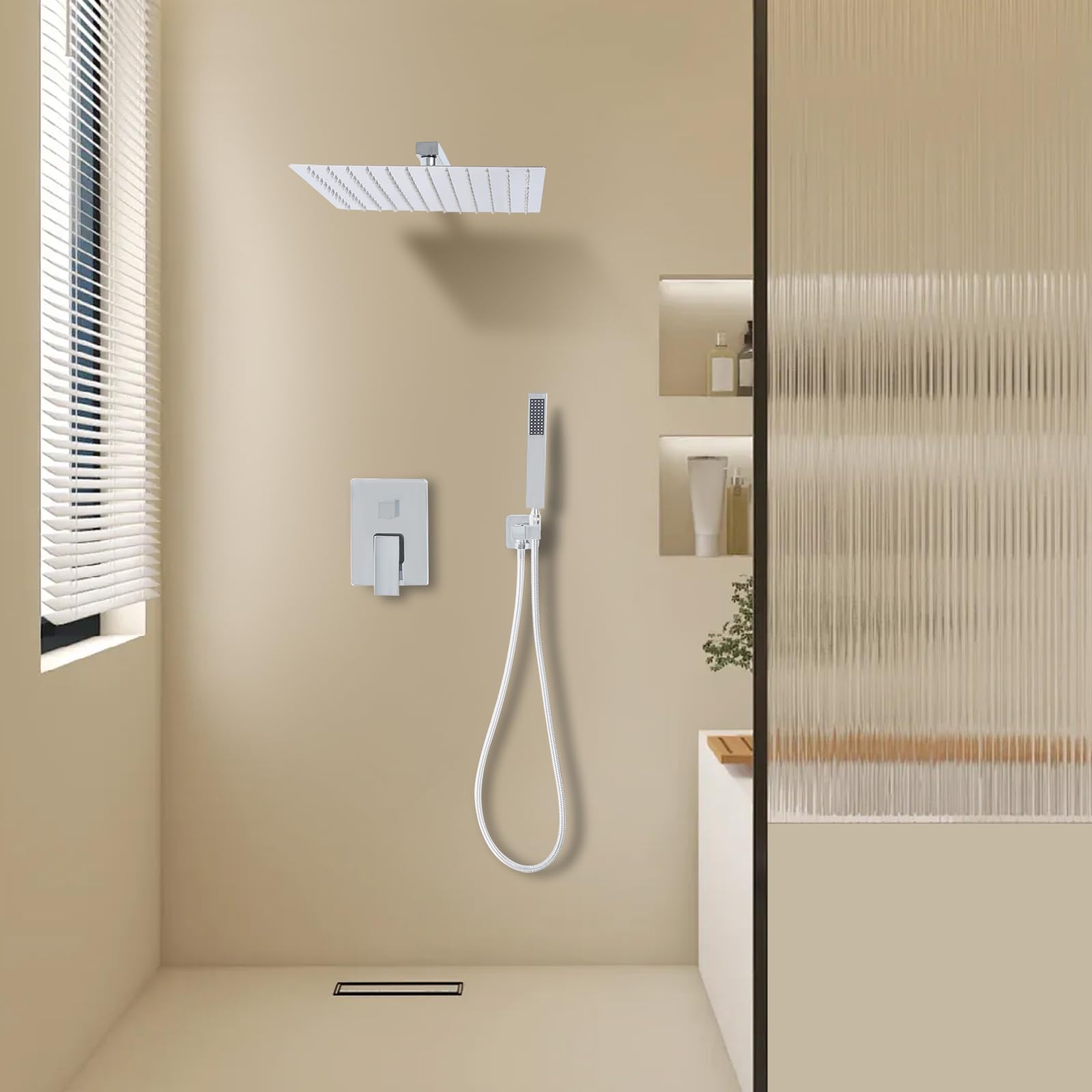 Set di rubinetti doccia da incasso, sistema doccia a incasso, in acciaio inox, design nascosto, per casa, palestre, con doccetta a soffitto, doccetta a mano, tubo flessibile
