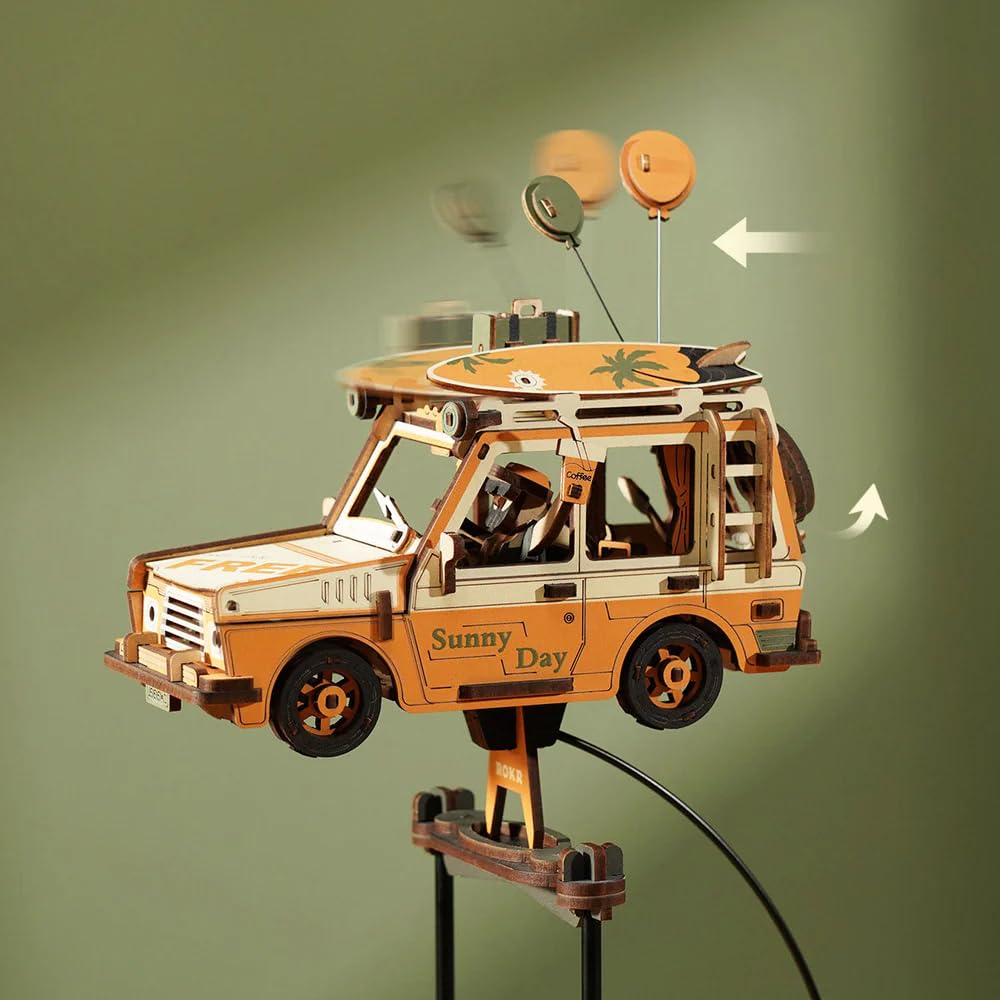 ROKR Puzzle 3D samochód retro zbudowany drewniany model, huśtawki grawitacyjne dekoracja biurka, prezenty dla dzieci i dorosłych, Road Tripper, MCD03