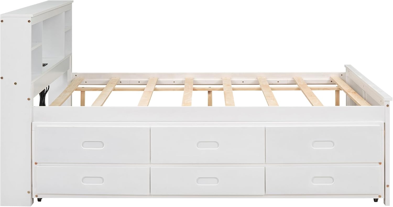 Full Size Platform Bed with Storage Headboard and USB, Twin Trundle and 3 Drawers, Wooden Bed Frame with Shelves, No Box Spring Needed, White