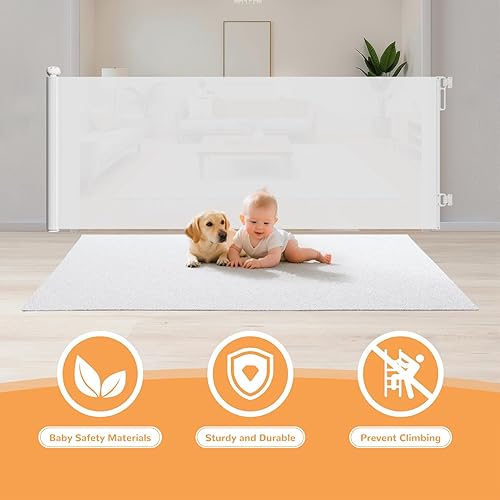 Miniatura 4 de Puertas retráctiles para escaleras, puerta de bebé de malla de 71 pulgadas de ancho para puertas, puerta de perro de 34 pulgadas de alto adecuada