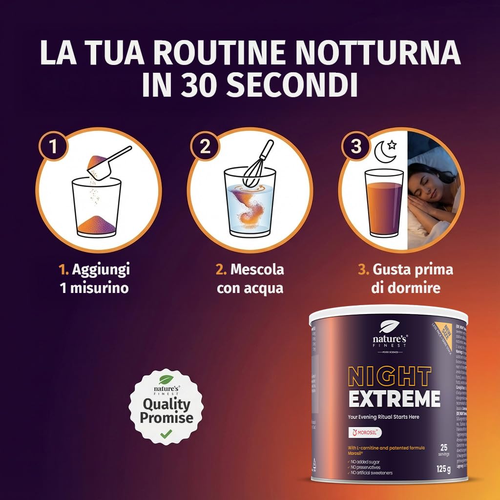 Nature’s Finest Night Burn Extreme - Bevanda Serale in Polvere con Morosil Arancia Rossa, Valeriana ed Estratto di Vite Rosso - 125g, Formula Vegana Senza Glutine