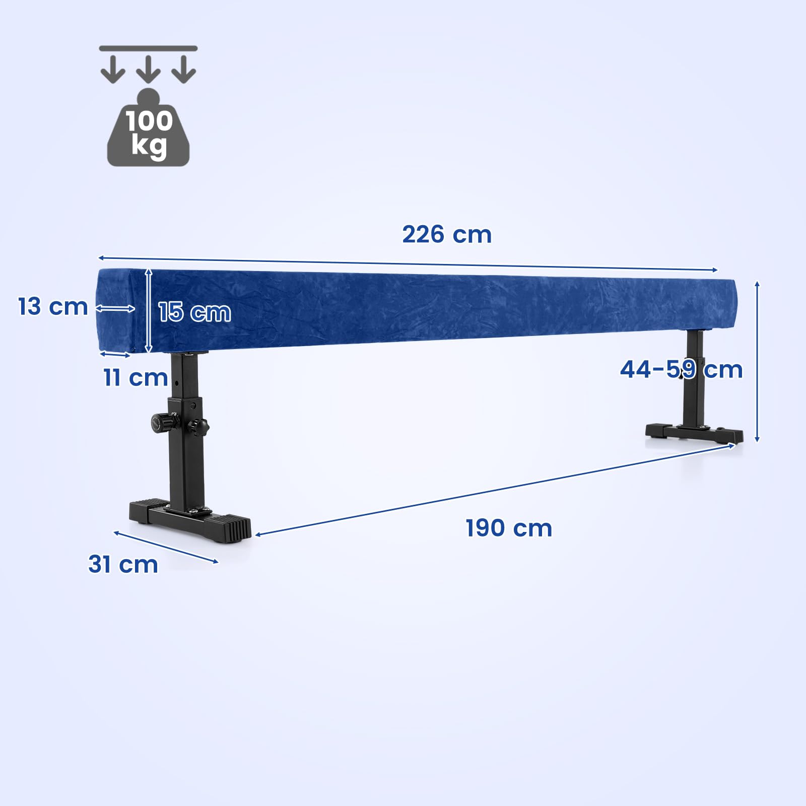 GYMAX Poutre de Gymnastique Mobile avec 2 Roues, 3 Hauteurs Réglables 44-59cm, Construction Stable avec Pieds Métalliques, Poutre d'Équilibre pour Débutants et Professionnels de Gym