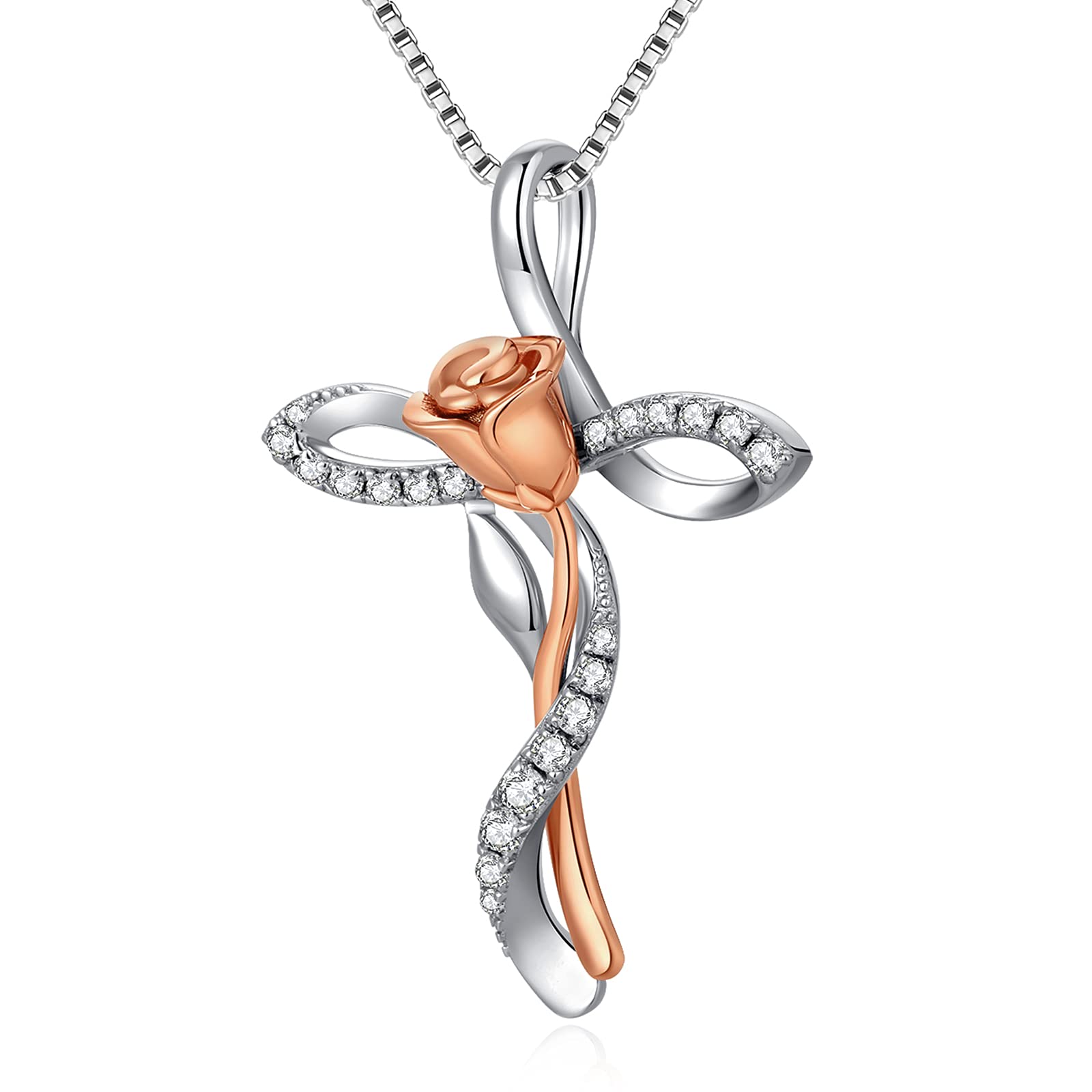 JiaYang Rosen Kreuz Halskette Damen Rose Blume Kreuz Anhänger Halskette Silber 925 Kreuz Halskette mit Rosen blume Rose Gold Halskette Frauen Religiöse Kreuz Schmuck Christian Rose Kreuz Halsketten