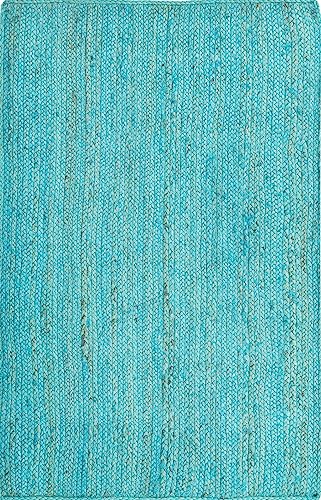 Image of Unique Loom Braided Jute Collection Area Rug - Dhaka (3' 3 inch x 5' 1 inch Rectangle, Turquoise)