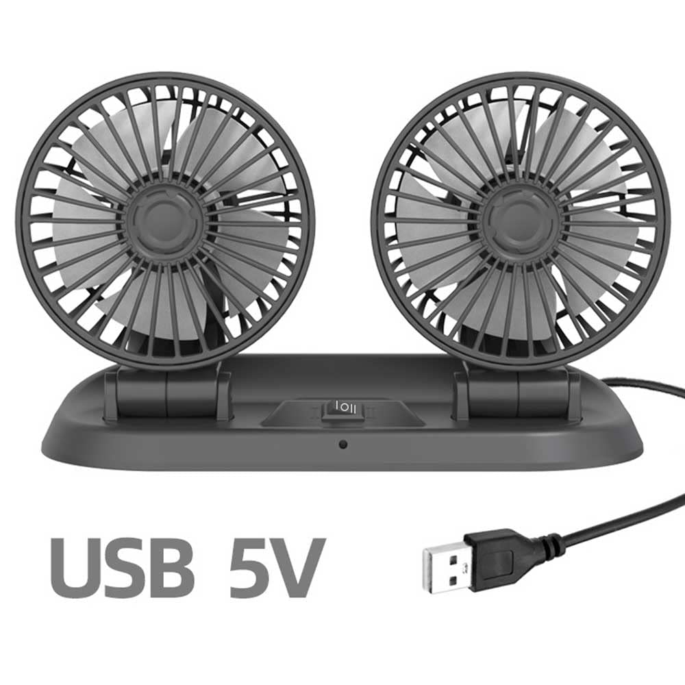 Ventola per auto, ventola di raffreddamento per auto a doppia testa, rotazione orizzontale a 360° e verticale a 180°, USB 5V