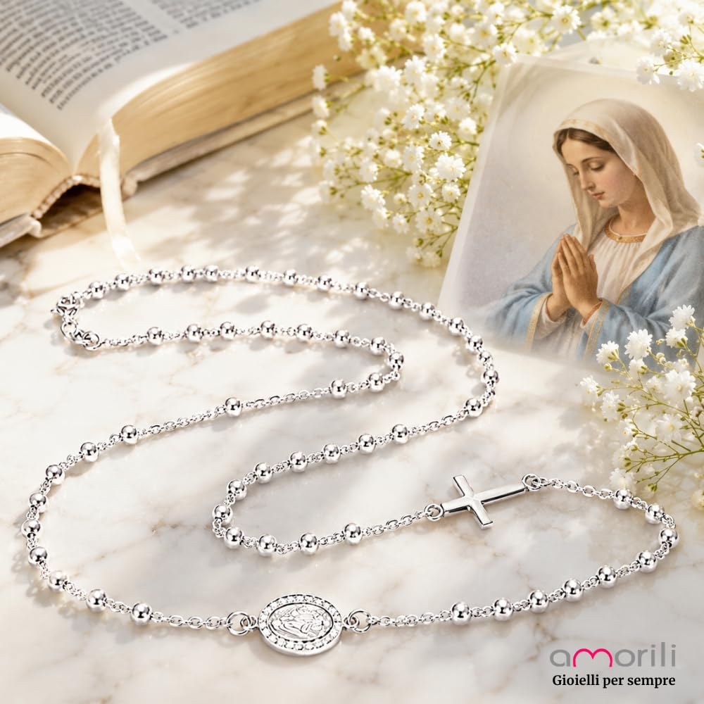 Collana Rosario Donna in Argento 925 con Medaglia Miracolosa e Zirconi – Collana Religiosa Cattolica Cristiana di Fede – Gioiello Elegante Idea Regalo cll2234
